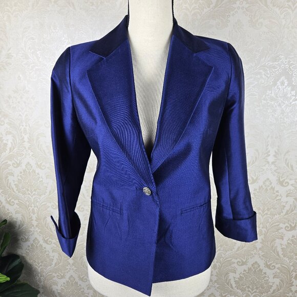 Talbots Size 2P Blue Blazer Silk/Cotton Blend 3/4 Cuffed Sleeve 1 Button Closure - Picture 1 of 11